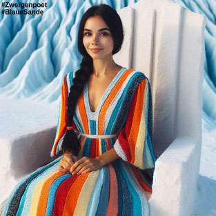 Eine junge, anmutige Frau mit einem langen dunklen Zopf in regenbogenfarbenem Kleid weißen Thron. Erstellt mit Microsoft Designer.