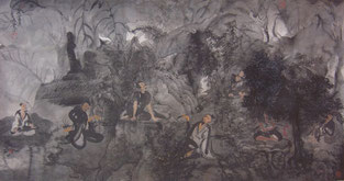 水墨七贤  SEVEN SAINTS 80X166CM   纸本水墨与植物色 INK & MINERAL COLOR ON PAPER  2002