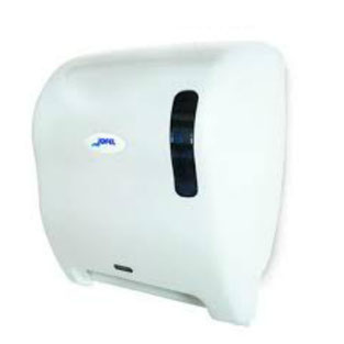 Despachador / Dispensador de toalla en rollo automático AG17510 Color: Blanco con base blanca Dimensiones en milímetros: Alto: 366 Largo: 307 Ancho: 233 Capacidad: 1 rollo de 8’’ / 20.3 cm Contenido por caja: 1 pieza