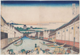 Katsushika Hokusai, Thirty-six Views of Mount Fuji, Nihonbashi Bridge in Edo, Japanese woodblock print ”Nihombashi Bridge in Edo”