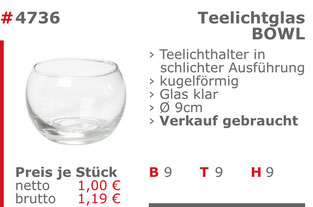 4736-Gebrauchtes Teelichtglas Bowl Verkauf Mietmöbel Jansen Event