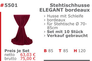 5501-Gebrauchte Stehtischhusse rot Verkauf Set Mietmöbel Jansen Event