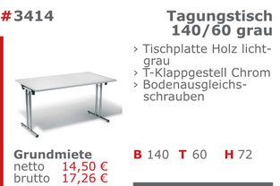 3414 - Tagungstisch 140/60 grau Jansen Event Mietmöbel