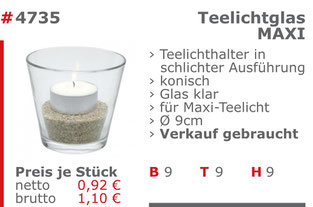 4735-Gebrauchtes Maxiteelichtglas Verkauf Mietmöbel Jansen Event