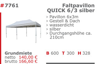 7761 - Faltpavillon Quick 6/3 silber Jansen Event Mietmöbel