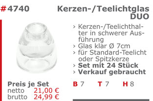 4740-Gebrauchtes Tellichtglas-Kerzenhalter Verkauf Mietmöbel Jansen Event