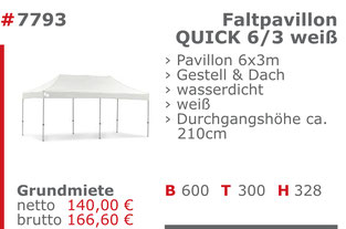 7793 - Faltpavillon Quick 6/3 weiß Jansen Event Mietmöbel