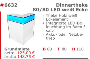 6632 - Dinnertheke 80/80 Led Ecke weiß Jansen Event Mietmöbel