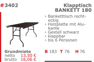 3402 - Klapptisch Bankett 180 Jansen Event Mietmöbel