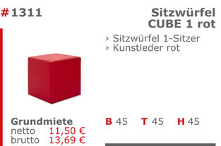 1311 - Sitzwürfel Cube 1 rot Jansen Event Mietmöbel