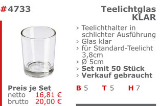 4733-Gebrauchtes Teelichtglas klar Verkauf Mietmöbel Jansen Event