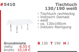 5410 - Tischtuch 130/190 weiß Jansen Event Mietmöbel