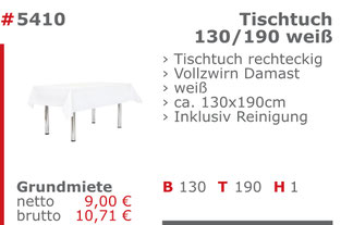 5410 - Tischtuch 130/190 weiß Jansen Event Mietmöbel