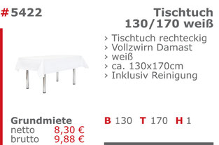 5422 - Tischtuch 130/170 weiß Jansen Event Mietmöbel