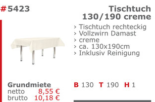 5423 - Tischtuch 130/190 creme Jansen Event Mietmöbel