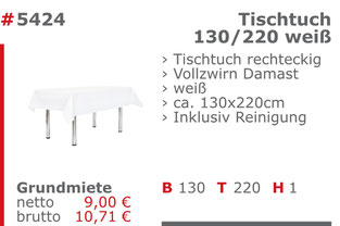 5424 - Tischtuch 130/220 weiß Jansen Event Mietmöbel