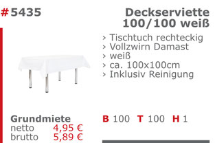 5435 - Deckserviette 100/100 weiß Jansen Event Mietmöbel