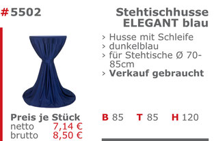 5502-Gebrauchte Stehtischhusse blau Verkauf Mietmöbel Jansen Event