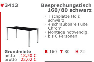 3413 - Besprechungstisch 160/80 schwarz Jansen Event Mietmöbel