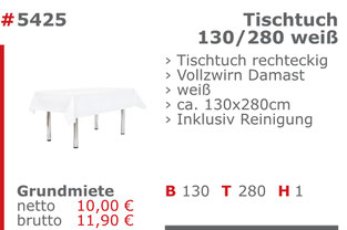 5425 - Tischtuch 130/280 weiß Jansen Event Mietmöbel