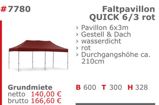 7780 - Faltpavillon Quick 6/3 rot Jansen Event Mietmöbel