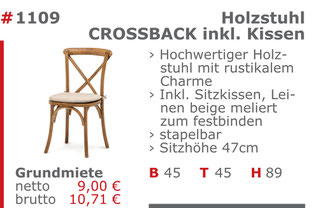 1109 - Holzstuhl Crossback inklusiv Kissen Jansen Event Mietmöbel