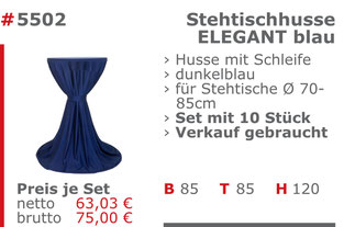 5502-Gebrauchte Stehtischhusse blau Verkauf Set Mietmöbel Jansen Event
