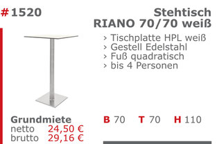 1520 - Stehtisch Riano 70/70 weiß Jansen Event Mietmöbel