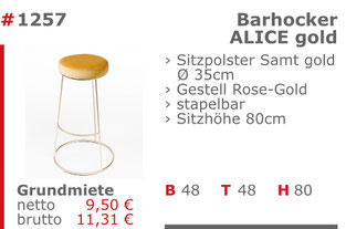 1257 - Barhocker Alice gold Mietmöbel Jansen Event