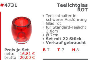 4731-Gebrauchtes Teelichtglas rot Verkauf Mietmöbel Jansen Event