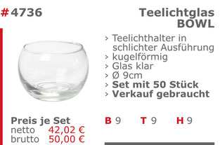 4736-Gebrauchtes Teelichtglas Bowl Verkauf Set Mietmöbel Jansen Event