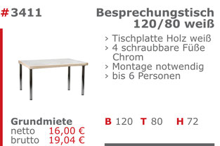 3411 - Besprechungstisch 120/80 weiß Jansen Event Mietmöbel