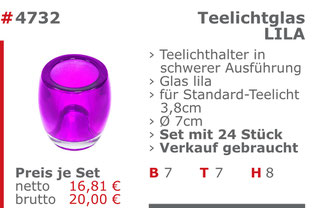 4732-Gebrauchtes Teelichtglas lila Verkauf Mietmöbel Jansen Event