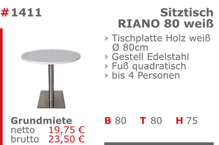 1411 - Sitztisch Riano 80 weiß Jansen Event Mietmöbel