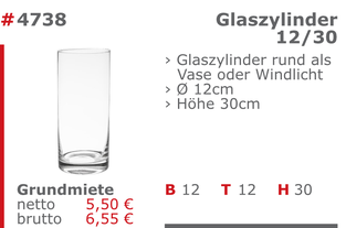 4738 - Glaszylinder 12/30 Jansen Event Mietmöbel