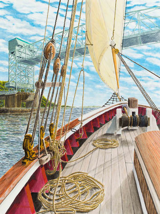 Cape Fear Passage - schooner sailing under Cape Fear bridge