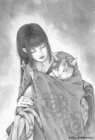 日本の妖怪「猫又・化け猫（ねこまた・ばけねこ）」を描いたアナログイラスト