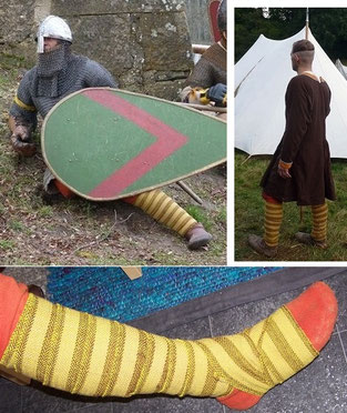 Kollage : Krieger des FFC mit Helm,Kettenhemd und Schutzschild liegt auf der Lauer am Boden er trägt braun,gelb gestreifte Beinwickel, der Krieger von hinten ohne Rüstzeugwieder mit Beinwickeln, Anprobe und wicklung der Beinwickel 