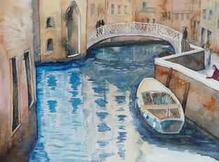 Ein Kanal in Venedig mit einem Boot einer Brücke, gemalt als Aquarell