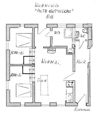 Gezeichneter Grundriss der Ferienwohnung "Gutsküche".