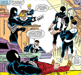 Figure 6. Reed Richards analyse le costume et découvre que c'est un symbiote dans The Amazing Spider-Man #257 de 1984