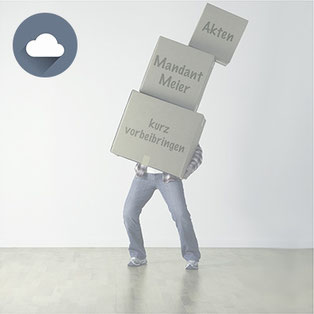 Person trägt mehrere beschriftete Ordner („Mandant“, „Akten“ usw.) – steht für vereinfachten und sicheren Datenaustausch zwischen Kanzlei und Mandanten über eine Cloud-Plattform.