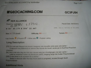 RER Alliance - la fiche descriptive de la cache