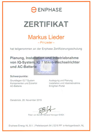 PV-Lieder, Eigenstromlösungen, Markus Henry Lieder, ENPHASE Zertifikat IQ-System