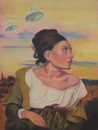 „The orphan in the cemetry“ is a hommage to Eugéne Delacroix. A sitting girl is frontally displayd. She turns her head with surprise to the right. Behind her are ufos in the sky.