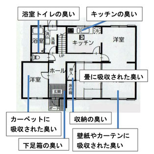 家の図面に臭いの出る場所を表示。浴室トイレ、キッチン、畳、カーペット、壁紙、収納、下足箱から臭いが発生。