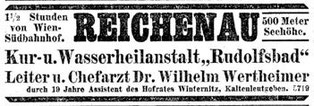 Inserat der Kur- u. Wasserheilanstalt "Rudolfsbad" in Reichenau