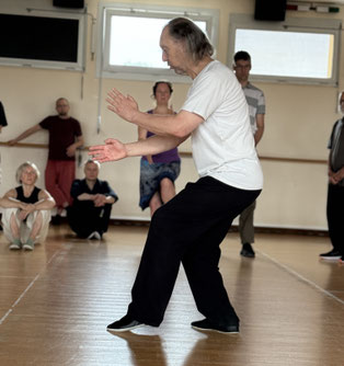 Ein Taiji-Lehrer zeigt die Figur "Needle in the Ocean" aus der Taiji-Langform in der Mitte einer Gruppe auf einem Workshop.
