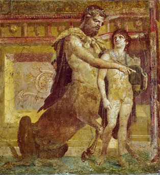 Le centaure Chiron apprenant à Achille à jouer de la lyre, fresque romaine d'Herculanum, Musée archéologique national de Naples. 1er s. EC.