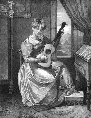 Gitarrenspielerin mit Biedermeierkleid, in: B. Henry: Méthode pour la Guitare. 1826.